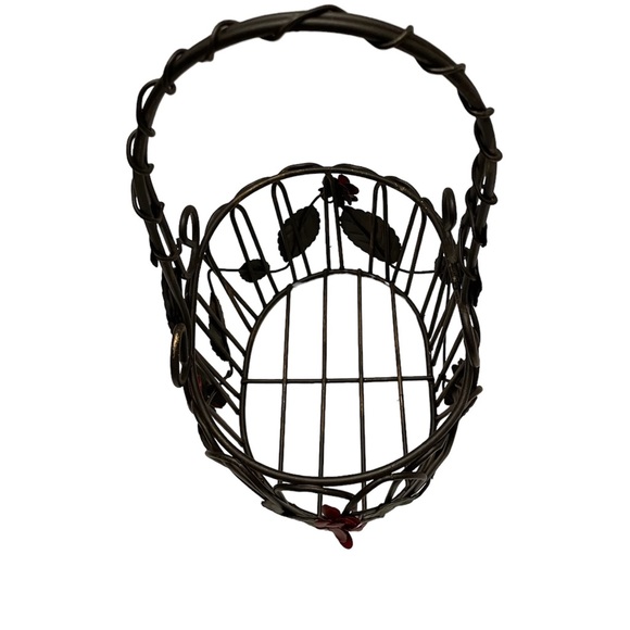 Artistic Metal Work Basket With Rose Appliqué 6” x 4.5” x 10” High MCM Vintage - Picture 3 of 5